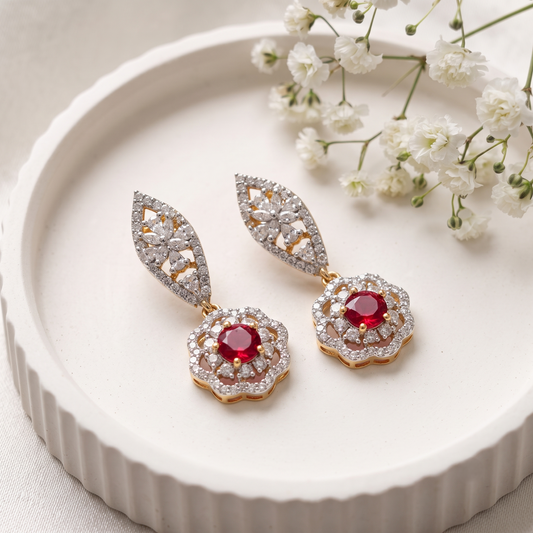 Elegant Royal Pinkish-Red Crystal and American Diamond Flower Hanging Wedding Wear