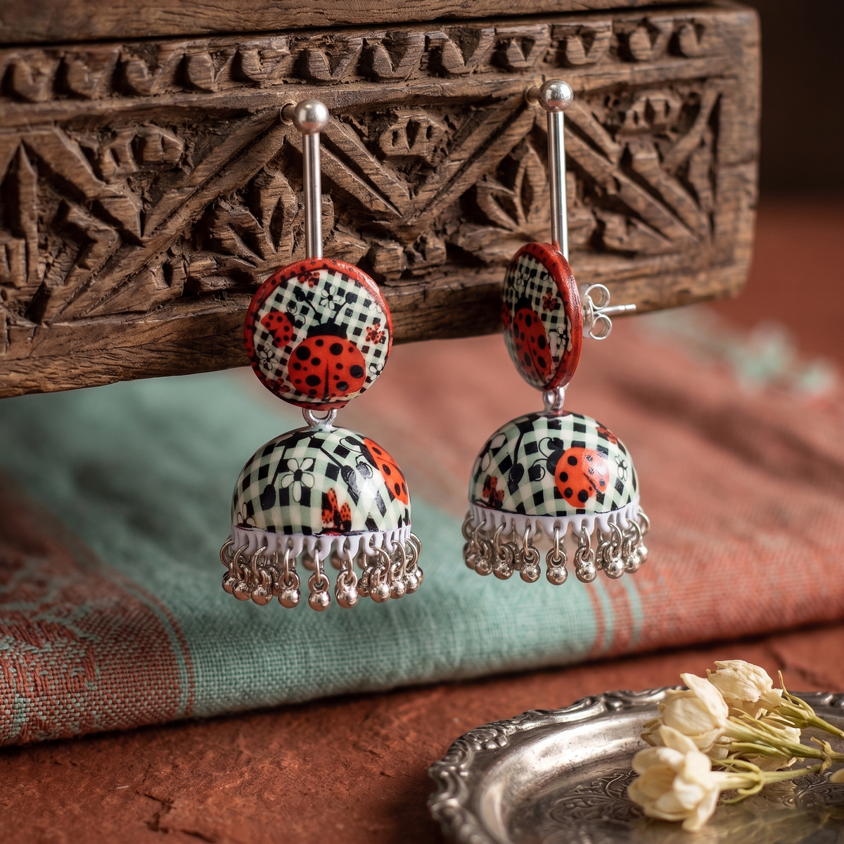 Painted Ladybug Print Checkered Jhumka Earrings for Women