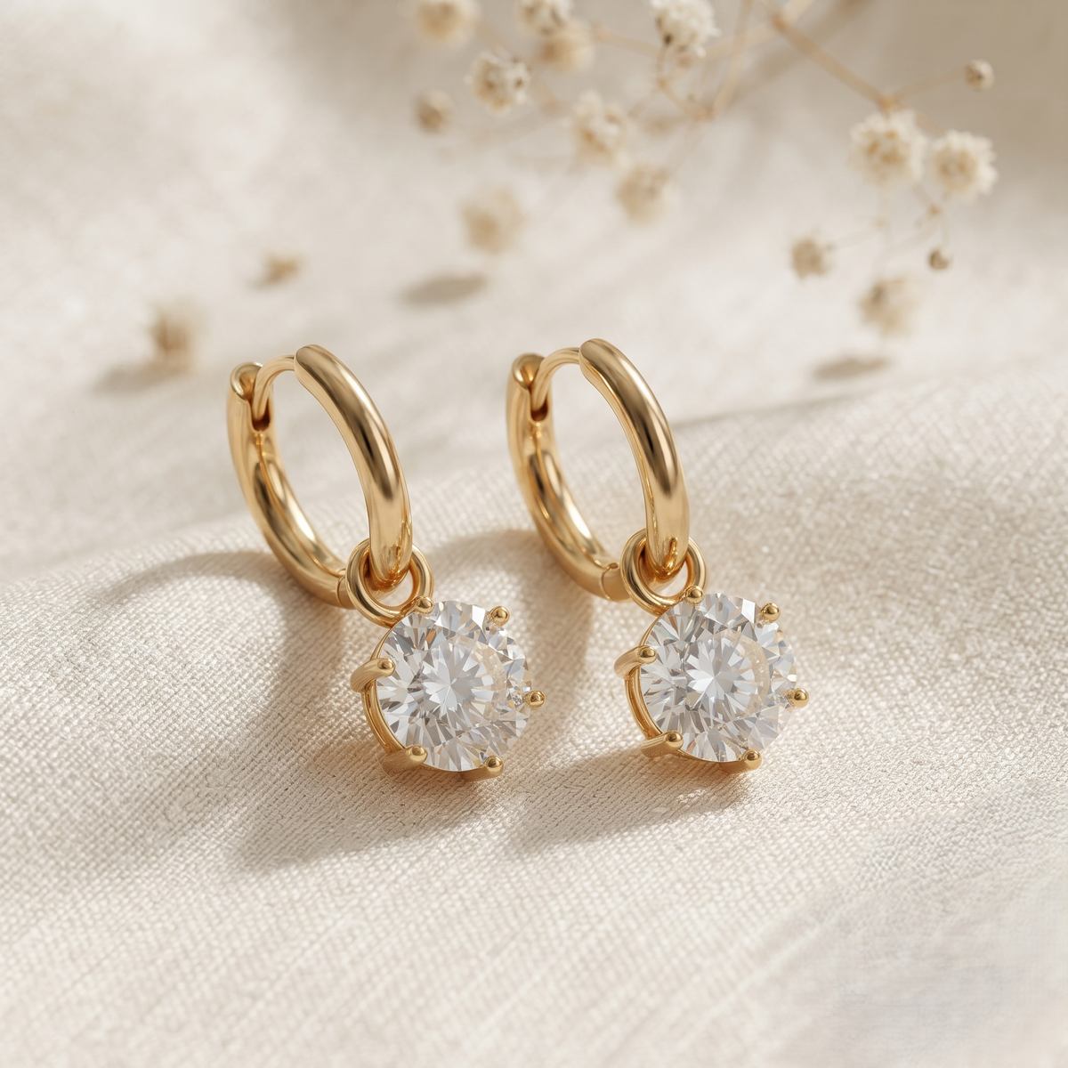 Gold Plated Brass Huggie Hoop Earrings with Solitaire Crystal Drop Charm