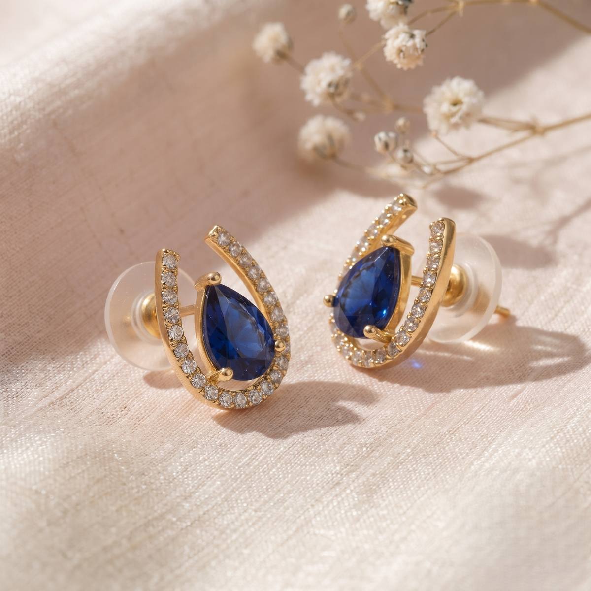 Gold Plated Brass Horseshoe Stud Earrings with Royal Blue Teardrop