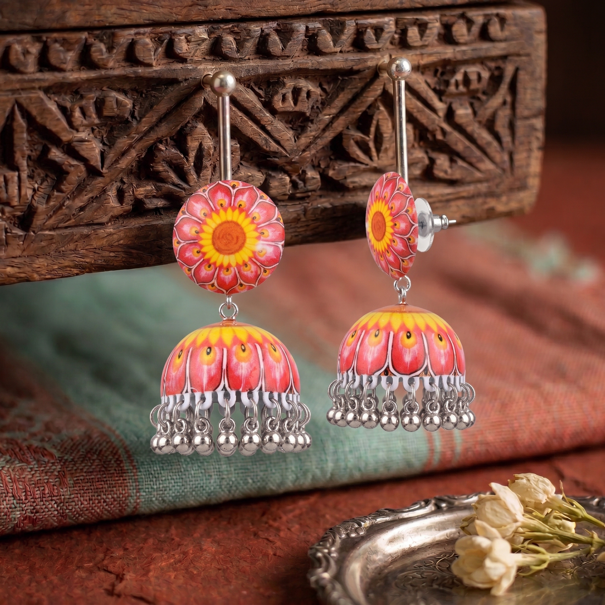 Pink and Yellow Floral Mandala Print Jhumka Earrings for Women Silver Ghungroo Balis