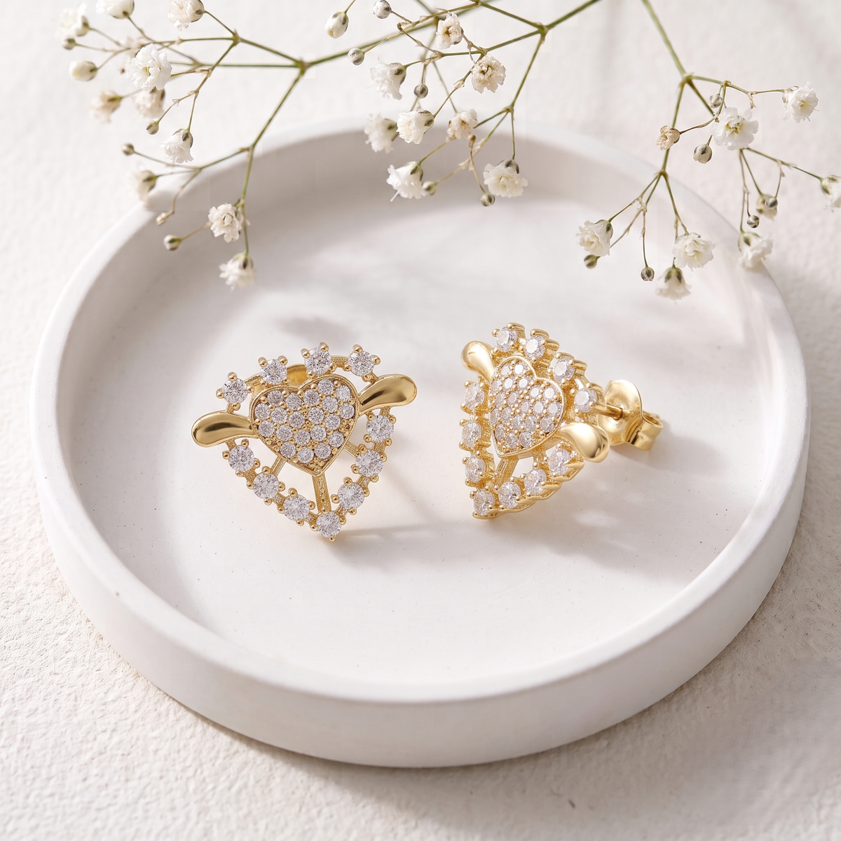 Gold Plated Brass Winged Heart Stud Earrings with Crystal Pavé