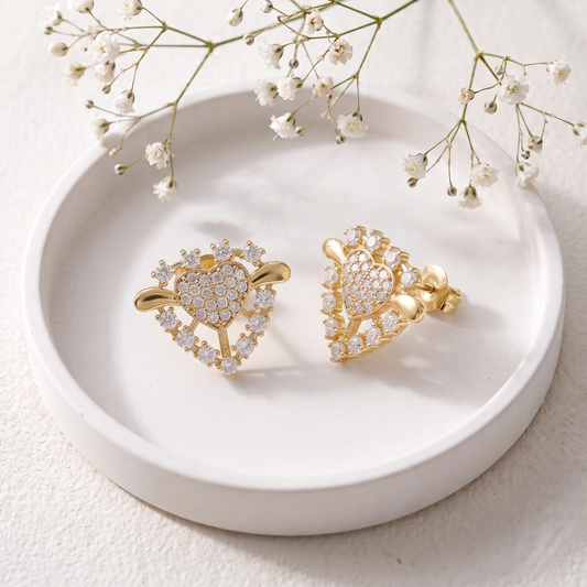 Gold Plated Brass Winged Heart Stud Earrings with Crystal Pavé